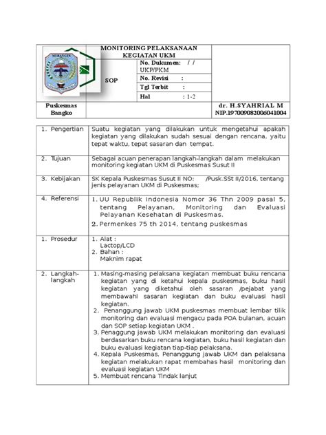 Sop Monitoring Pelaksanaan Kegiatan Ukm Pdf