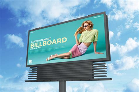 Low Angle View Horizontal Metal Pole Advertising Billboard Mockup