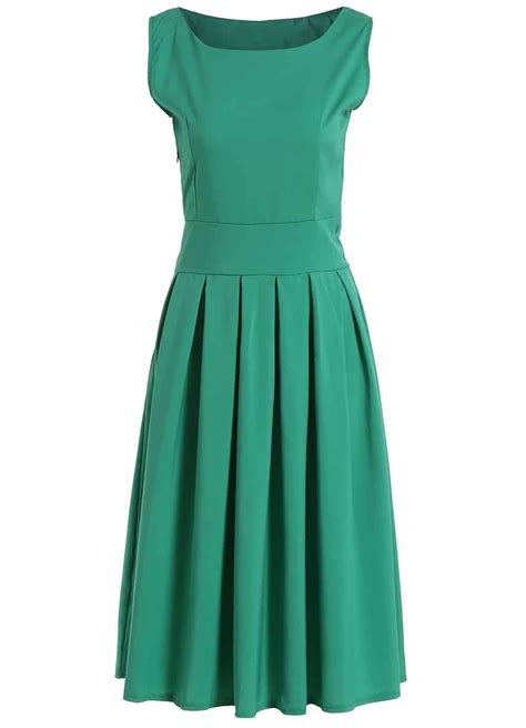 Square Neck Sleeveless Pleated Green Dressfor Women Romwe