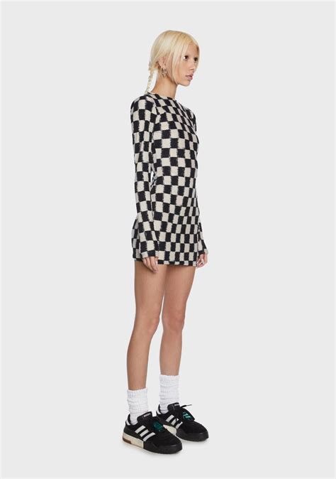 Daisy Street Checkerboard Long Sleeve Open Back Mini Dress Multi