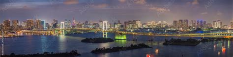 Panoramic View Of The Rainbow Bridge Crossing Northern Tokyo Bay