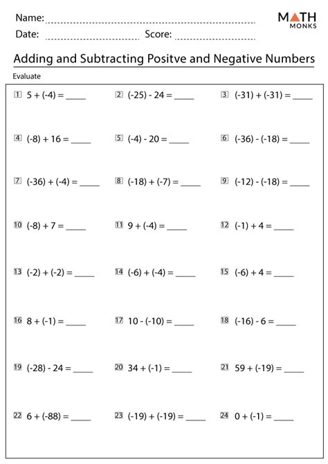 Adding And Subtracting Positive And Negative Numbers Worksheets Worksheets For Kindergarten