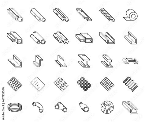 Steel And Aluminium Rolled Metal Stainless Profile Outline Icons Set