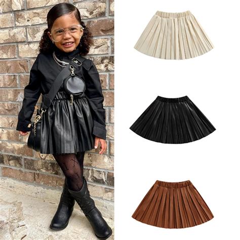 Kid Girl Leather Pleated Skirts Elastic Waist Solid Color Knee Length