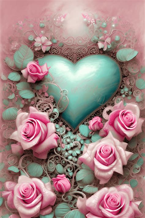 Filigree Heart Decoration With Shabby Chic Pink Roses And Teal Flowers