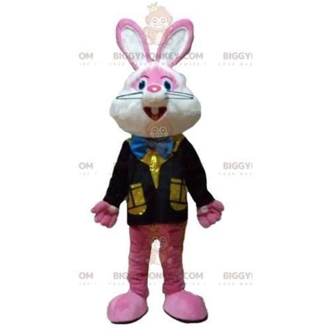 Costume De Mascotte Biggymonkey De Lapin Rose Et Blanc Avec Un Gilet