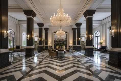 Premium Ai Image Luxurious Hotel Lobby With Marble Floors Chandeliers