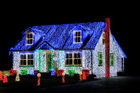 Christmas Lights Show Display On House At Night Stock Image Image Of