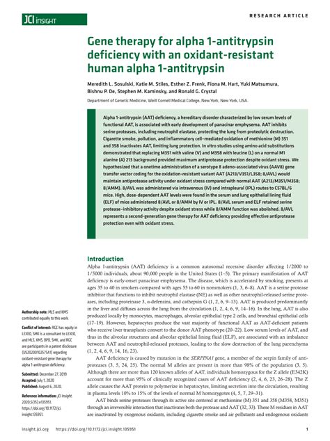 Pdf Gene Therapy For Alpha 1 Antitrypsin Deficiency With An Oxidant