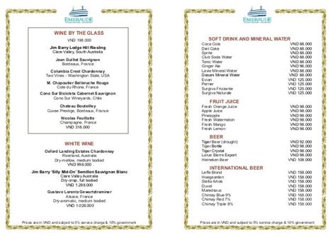 Emeraude Classic Cruises Drink List Applied From June 2013