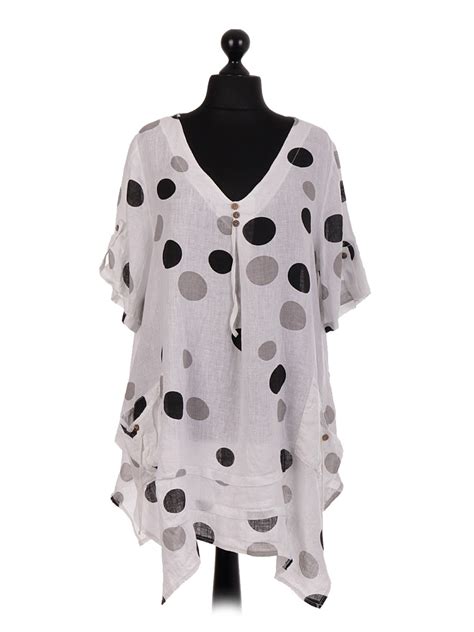 Wholesale Italian Polka Dot Front Pocket Linen Tunic Top