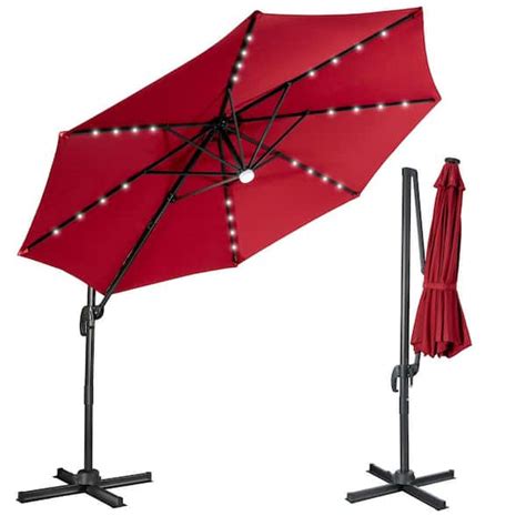 Gymax 10 Ft Cantilever Solar Umbrella 28 Led Lighted Patio Offset Tilt 360 Degree Outdoor Red