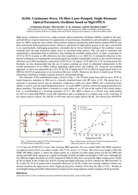 Pdf W Continuous Wave Yb Fiber Laser Pumped Singly Resonant