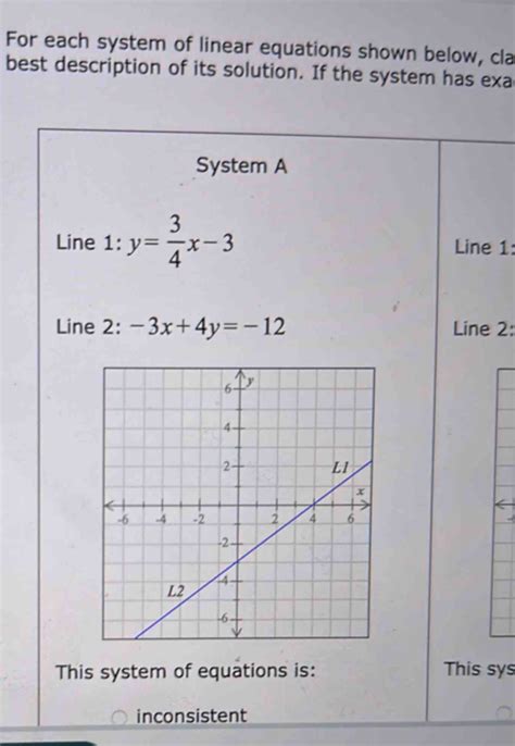 For Each System Of Linear Equations Shown Below Cla Best Description