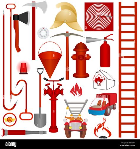 Firefighters tools, accessories and equipment for fire fighting. Illustration on white ...