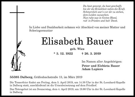 Traueranzeigen Von Elisabeth Bauer Rz Trauer De