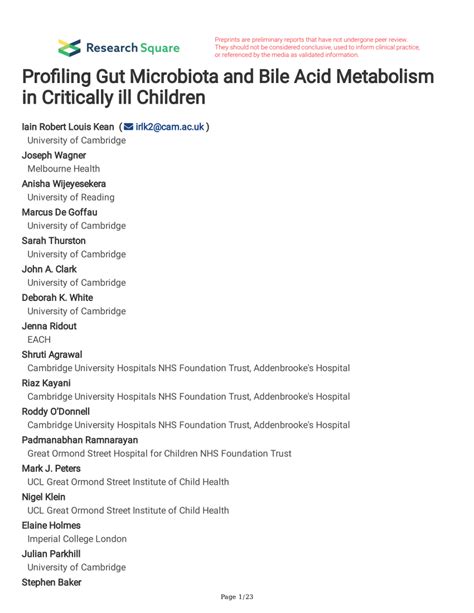 (PDF) Profiling Gut Microbiota and Bile Acid Metabolism in Critically ill Children