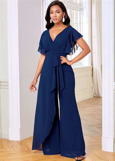 ROTITA Ruffle Sleeve V Neck Chiffon Overlay Jumpsuit Rotita USD