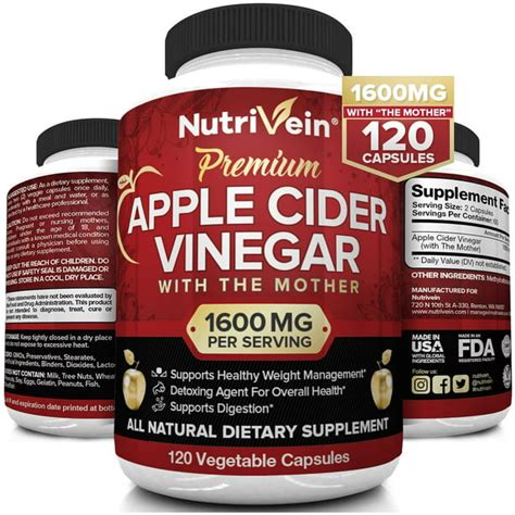 Nutrivein Apple Cider Vinegar Capsules With Mother 1600mg 120 Vegan Pills Supports Healthy