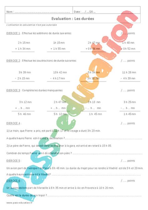 Temps et durée heure minute seconde 6ème Exercices cours