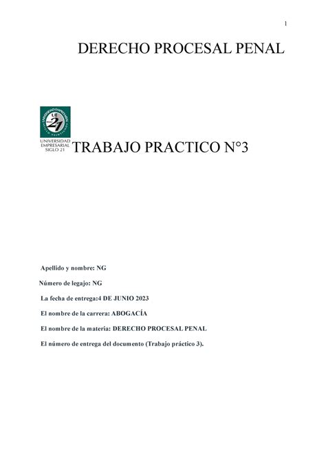 Ng Tp Derecho Proc Penal Derecho Procesal Penal Trabajo Practico