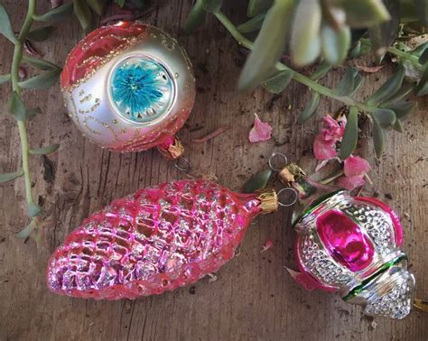 Three Vintage Mercury Glass Ornaments For Christmas Tree Pink And Silver Christmas Decor