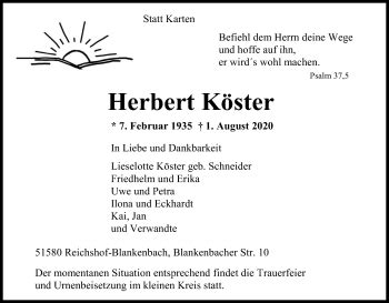 Traueranzeigen von Herbert Köster WirTrauern