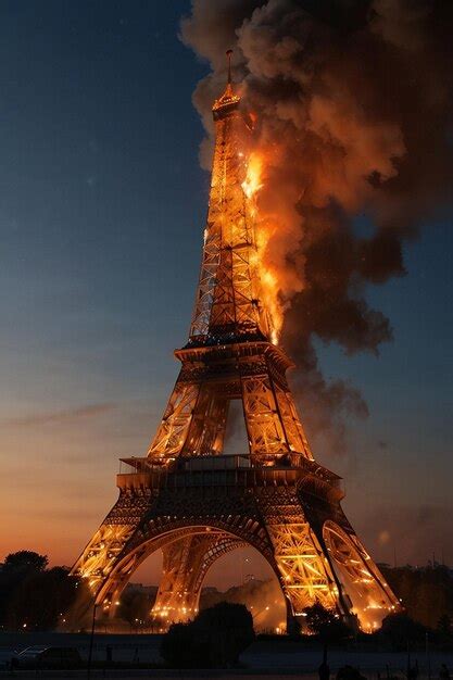 Eiffel Tower On Fire Realistic Photography Premium Ai Generated Image