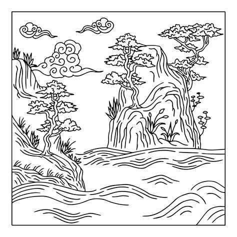 Print Design Asian Landscape Painting Outline 11633224 Vector Art at ...