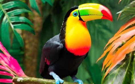 Colorful Bird Toucan Perching Lush Rainforest Beak Branch Surrounded By