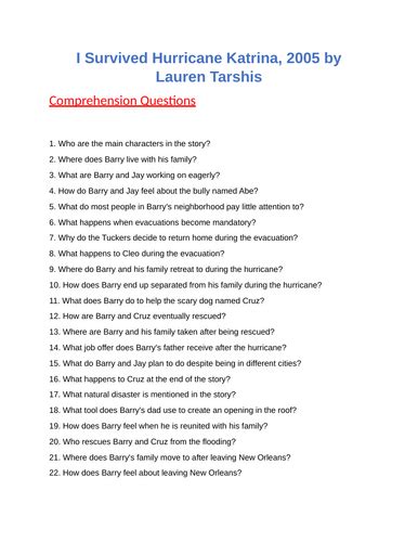 I Survived Hurricane Katrina 2005 Reading Comprehension Questions