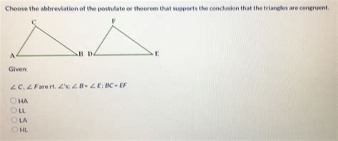 Solved Choose The Abbreviation Of The Postulate Or Theorem That