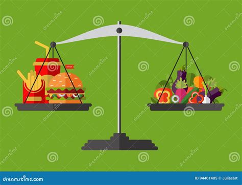 Vegetables And Fast Food On Scales Vector Stock Vector Illustration Of Female Flat 94401405