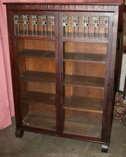 Antique Mission Arts Crafts Style Bookcase W Leaded Glass Larkin Bookcase With Glass Doors