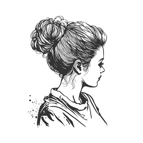 Premium Vector | Woman messy bun hair style black and white vector illustration