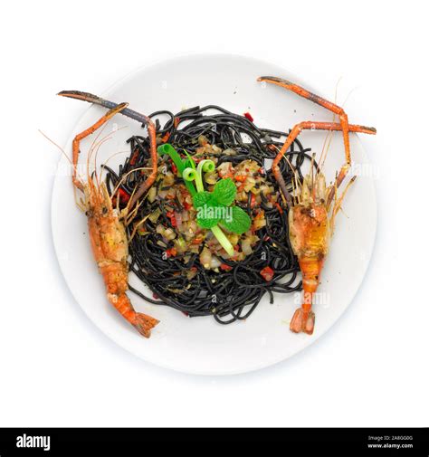 Black Spaghetti Spicy Food Served With Grilled Shrimps Thai Food Mixed