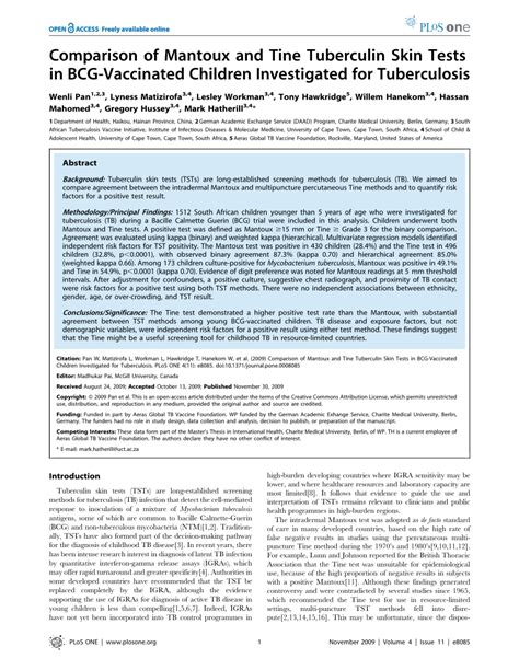 Pdf Comparison Of Mantoux And Tine Tuberculin Skin Tests In Bcg