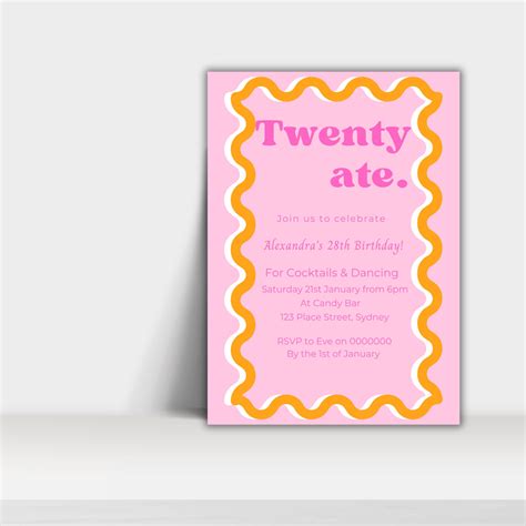 Twenty Ate 28th Birthday Invitation Pink And Orange Invite Editable