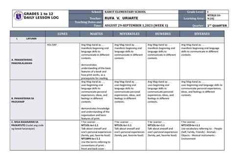 Dll Mtb 1 Q1 W1 For Daily Use Grades 1 To 12 Daily Lesson Log School Kawit Elementary