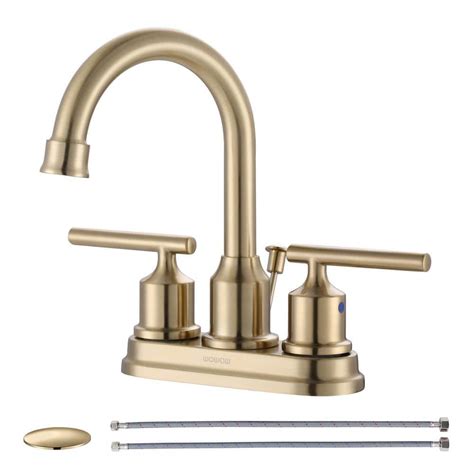 Wowow 4 In Centerset Double Handle High Arc Bathroom Faucet With Drain Kit Included In Brushed