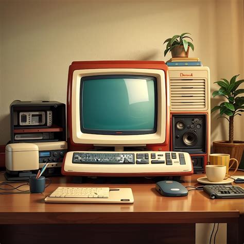 Premium Ai Image Retro Computer On Desk Arrangement