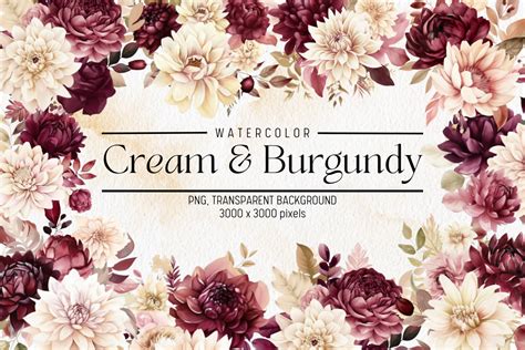 Burgundy Flowers Watercolor Clipart Graphic By Folv Creative Fabrica