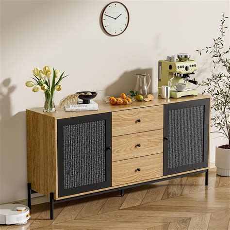 Warmiehomy Rattan Sideboard For Living Room Wooden Storage Cabinet With