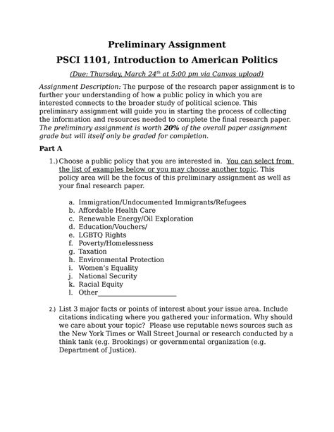 Preliminary Assignment Preliminary Assignment Psci 1101 Introduction To American Politics