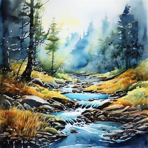 Watercolor Landscape In A Forest With River And Mountain River