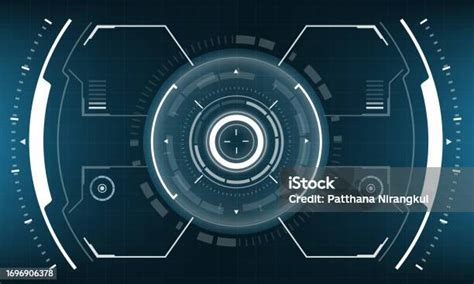 Tampilan Layar Antarmuka Scifi Hud Geometris Putih Pada Desain Biru