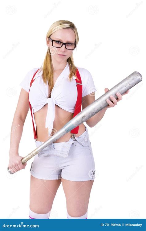 Bad Girl Holding Baseball Bat Stock Photo Image Of Eyeglasses