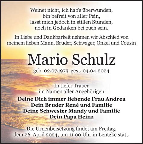 Traueranzeigen Von Mario Schulz M Rkische Onlinezeitung Trauerportal