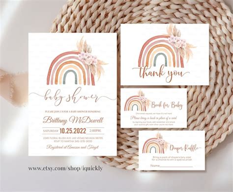 Editable Boho Rainbow Baby Shower Invitation Bundle Pink Pampas Grass