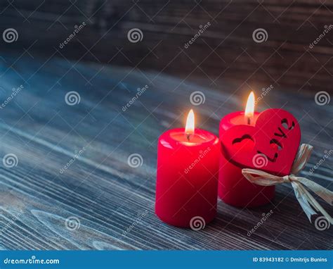 Valentine Red Candles Love Heart Over Dark Wooden Background Space